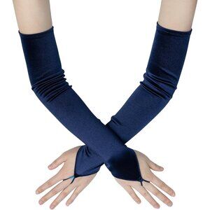 Women's Stretchy Navy Finger Loop Long Satin Fabric Gloves Opera Party Prom
